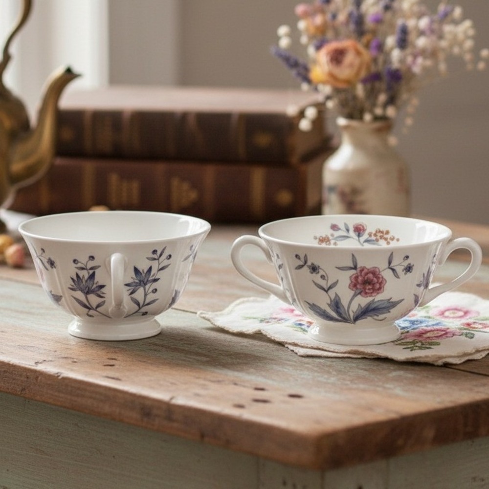 Wedgwood Williamsburg Potpourri Handled Cream Bowls, Set‎ of 2, Vintage Dishware